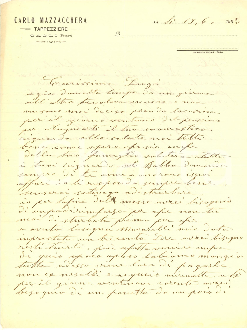 Documento originale, autentico 1933 CAGLI PU Tappezziere Carlo MAZZACCHERA  Lettera manoscritta auguri 1