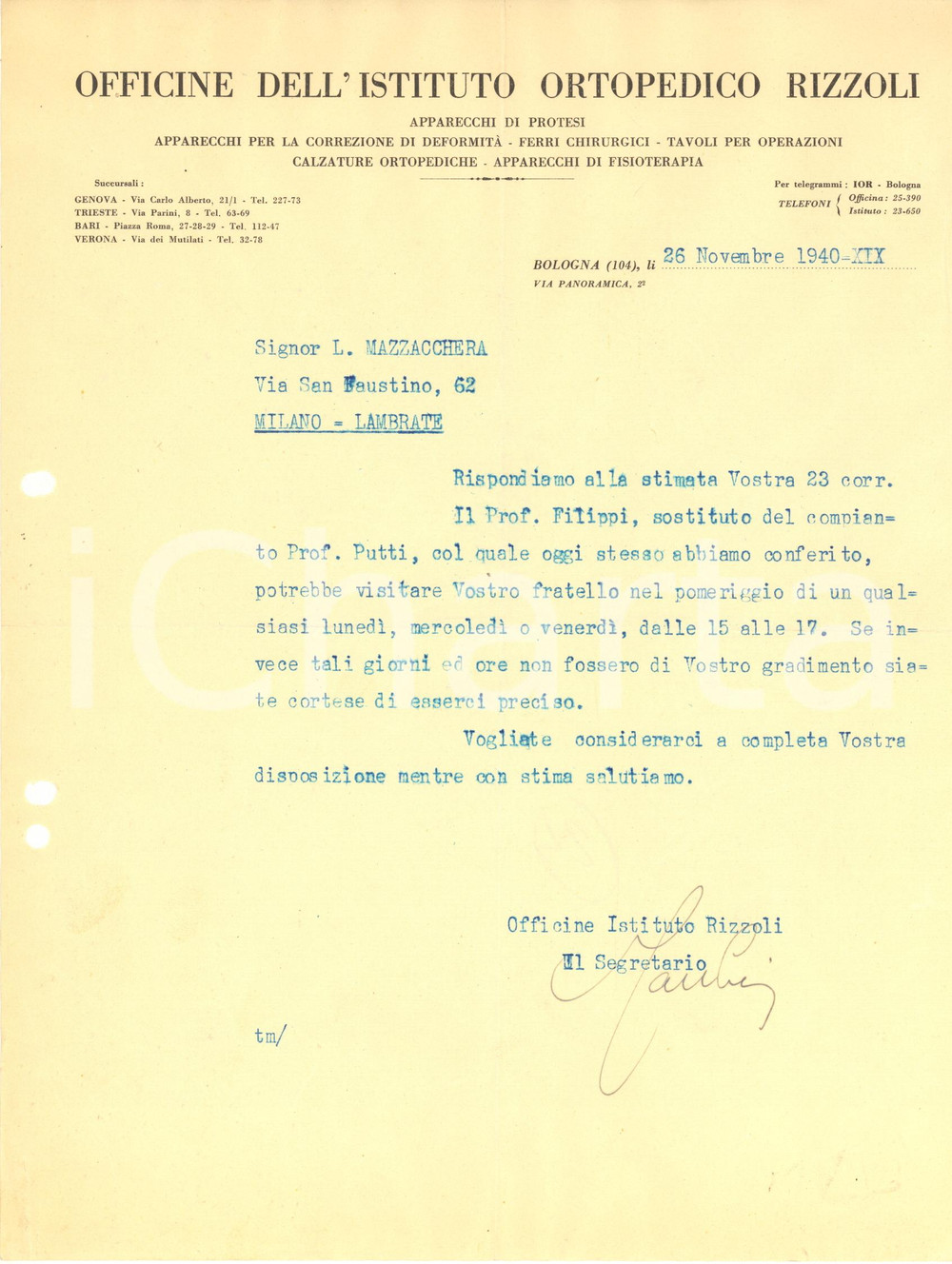 Documento originale, autentico 1940  BOLOGNA Officine Istituto Ortopedico RIZZOLI  Lettera segretario 1