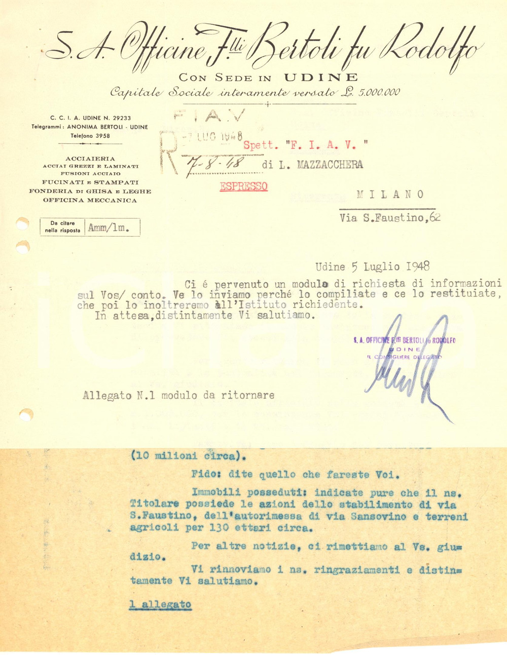 Documento originale, autentico 1948 UDINE Officine F.LLI BERTOLI fu Rodolfo  Lettera su carta intestata 1