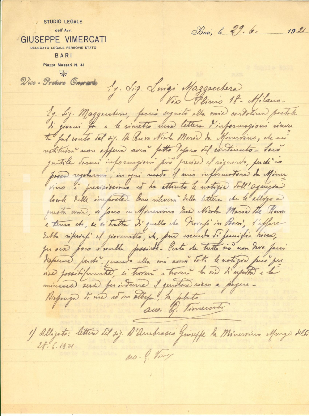 Autografo originale 1921 BARI Avv. Giuseppe VIMERCATI  Delegato Legale Ferrovie Lettera AUTOGRAFA 1