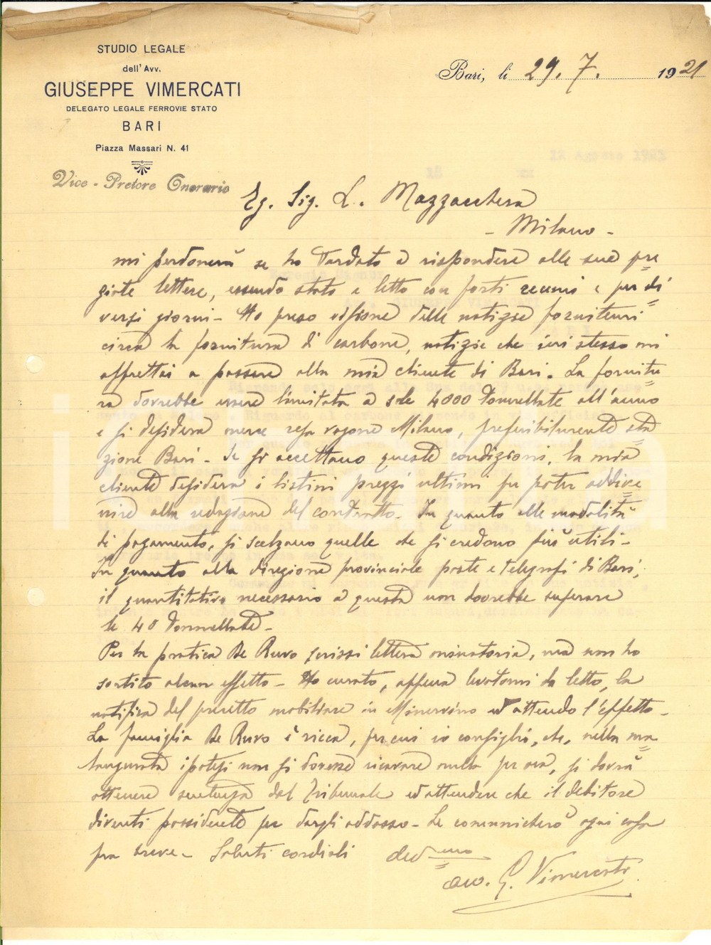 Autografo originale 1921 BARI Avv. Giuseppe VIMERCATI  Delegato Legale Ferrovie  Lettera AUTOGRAFA 1