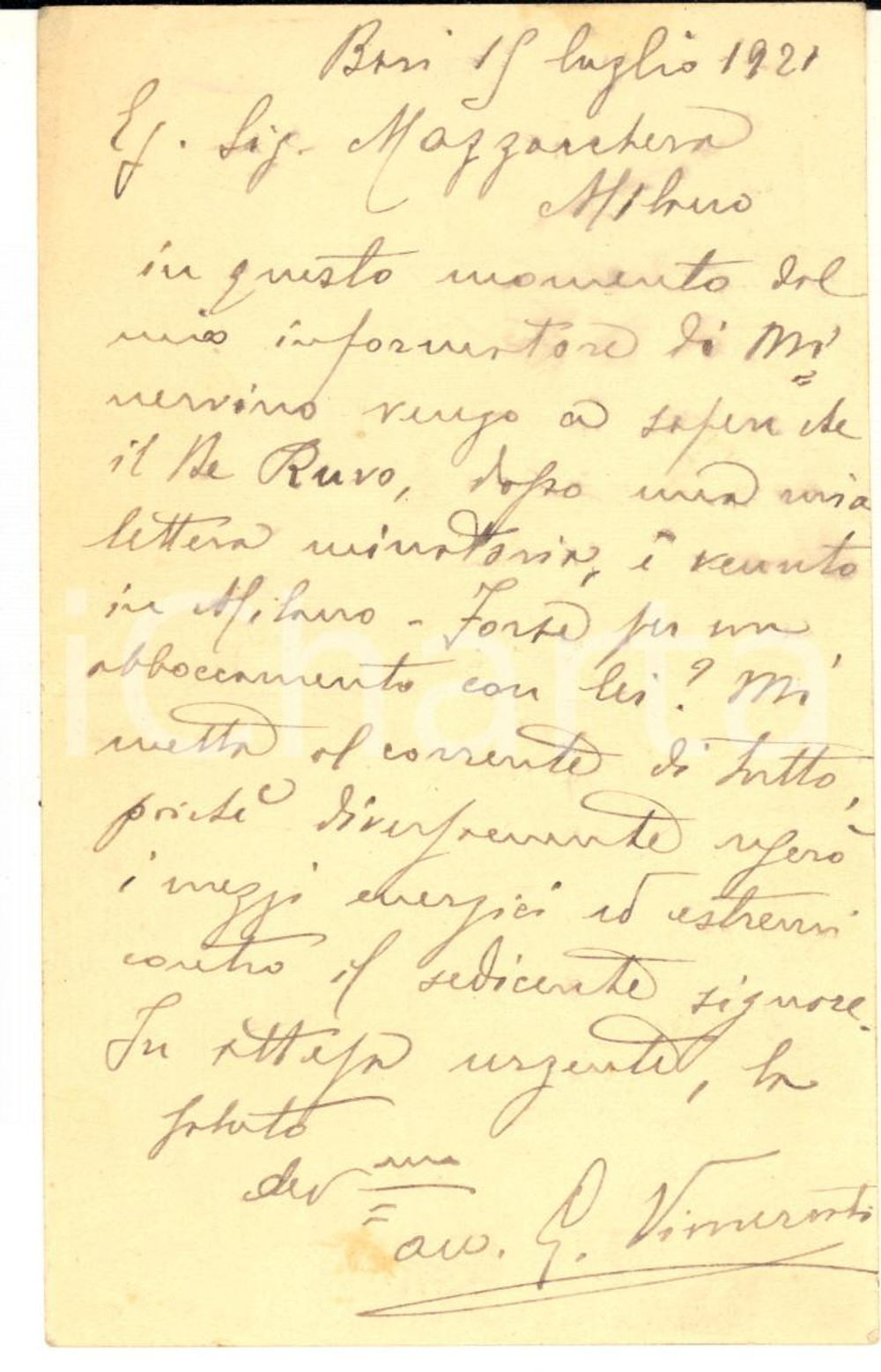 Autografo originale 1921 BARI Avv. Giuseppe VIMERCATI   Vice Pretore Onorario  Cartolina AUTOGRAFA 1