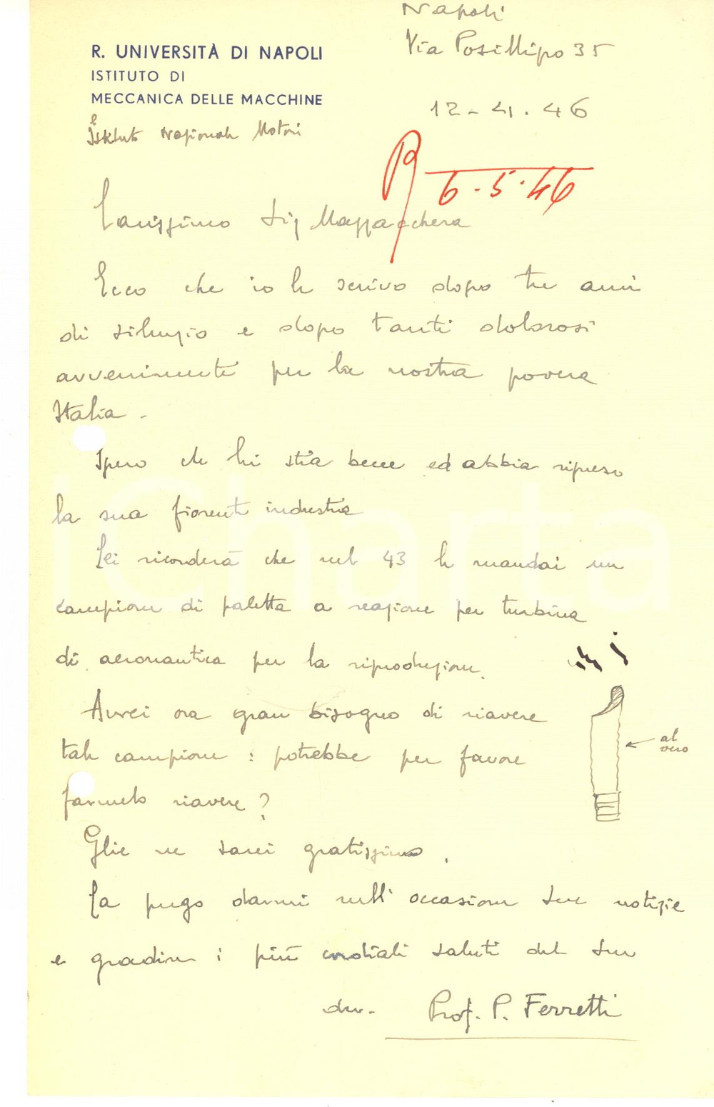 Autografo originale 1946 UniversitÃ  NAPOLI  Lettera prof. Pericle FERRETTI per campione AUTOGRAFO 1