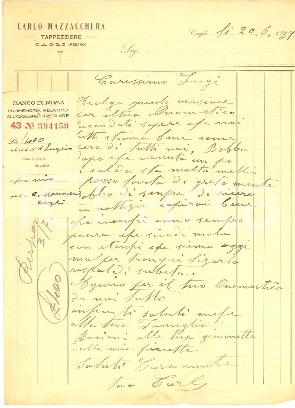 1931 CAGLI (PU) Tappezziere Carlo MAZZACCHERA - Lettera manoscritta