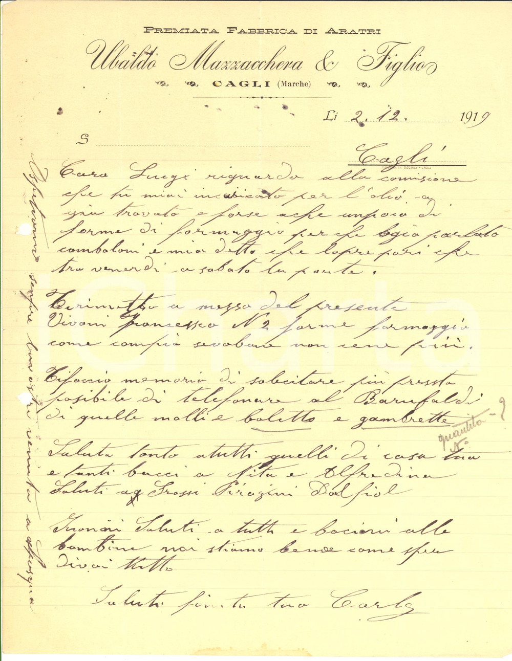1919 CAGLI (PU) Ubaldo MAZZACCHERA Fabbrica di Aratri - Lettera manoscritta