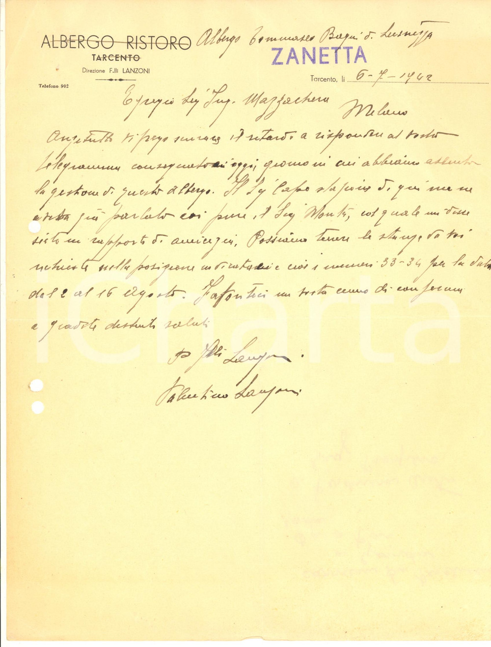 Manoscritto, lettera originale 1942 TARCENTO UD Albergo RISTORO  Lettera Valentino LANZONI per prenotazione 1