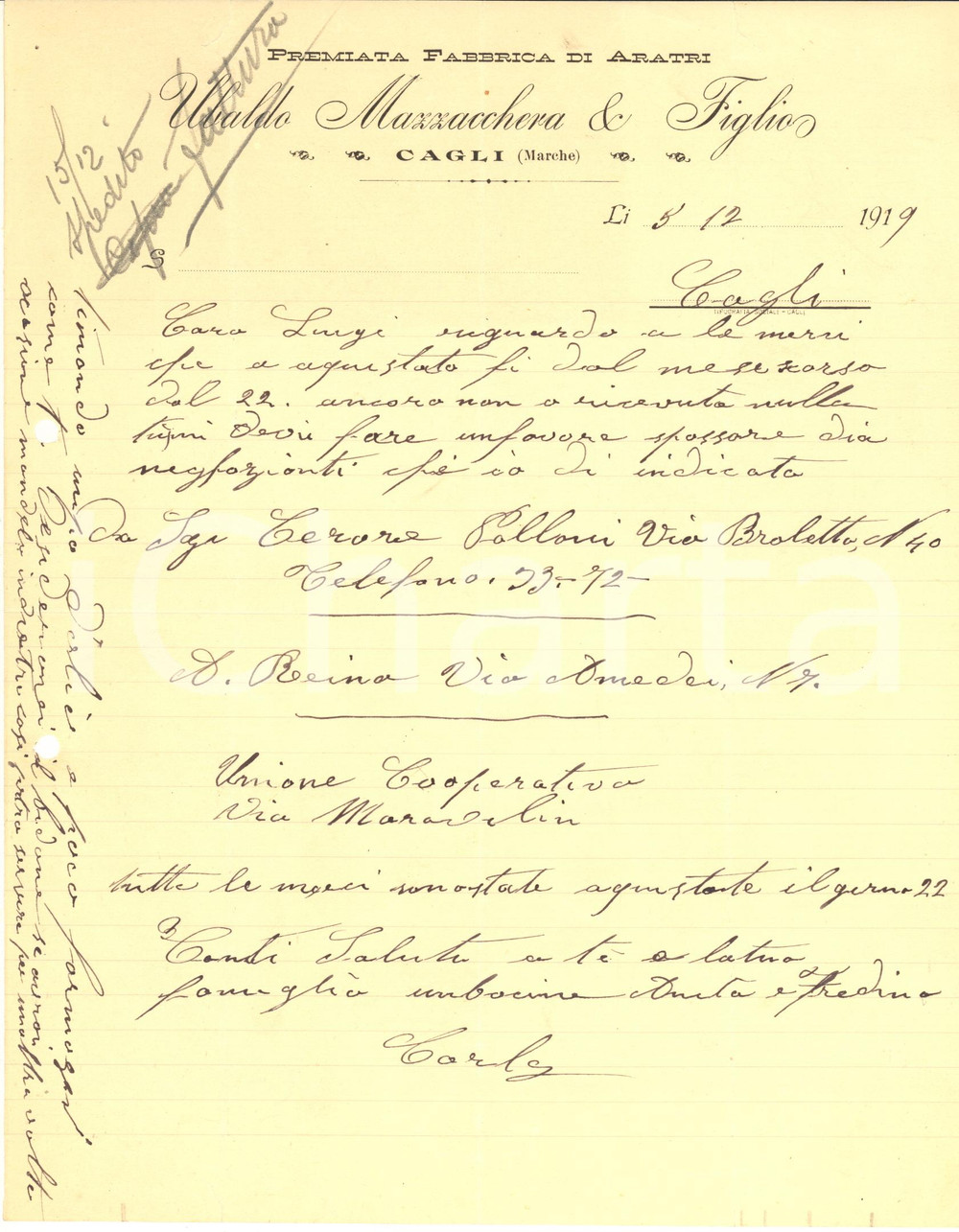 Documento originale, autentico 1919 CAGLI PU Ubaldo MAZZACCHERA Fabbrica di Aratri  Lettera manoscritta 2 1
