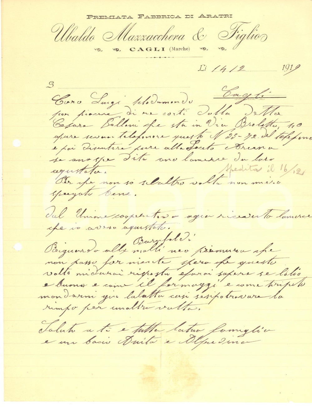 Documento originale, autentico 1919 CAGLI PU Ubaldo MAZZACCHERA Fabbrica di Aratri  Lettera manoscritta 3 1