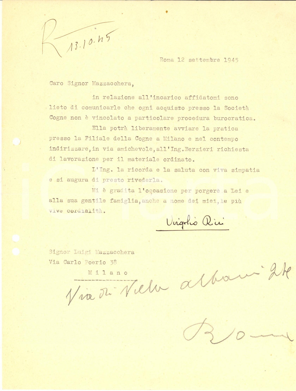 Documento originale, autentico 1945 ROMA Lettera Virgilio RICCI  SocietÃ  COGNE  Autografo 1