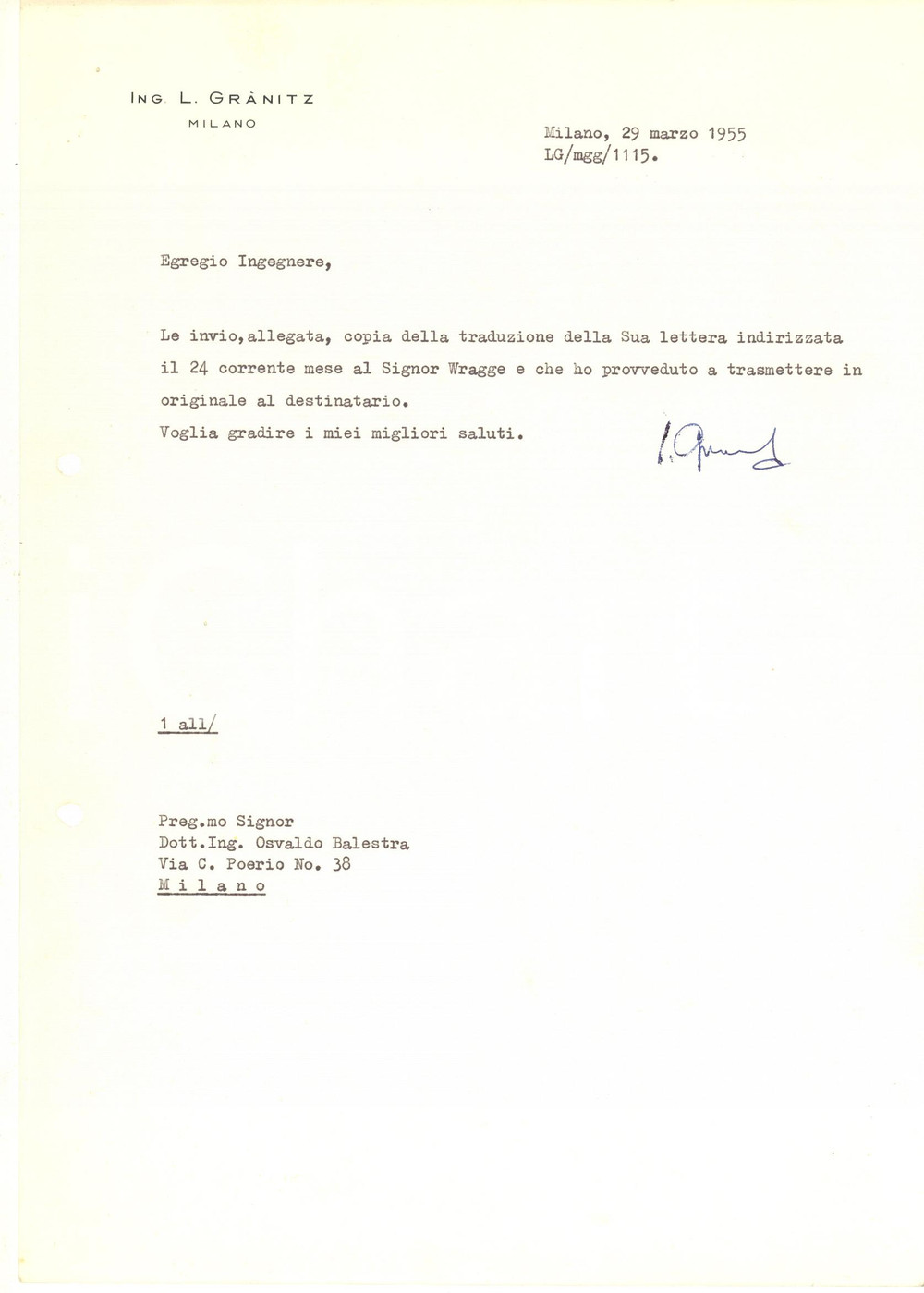 Manoscritto, lettera originale 1955 MILANO Lettera ing. L. GRANITZ per invio traduzione  Autografo 1