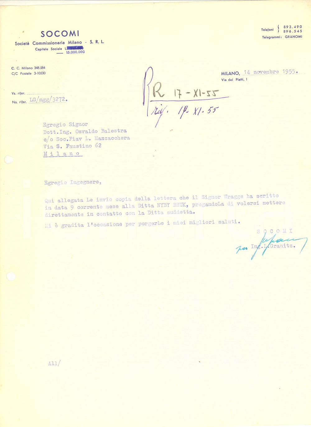 Documento originale, autentico 1955 MILANO SOCOMI SocietÃ  Commissionaria Milano  Lettera su carta intestata 1