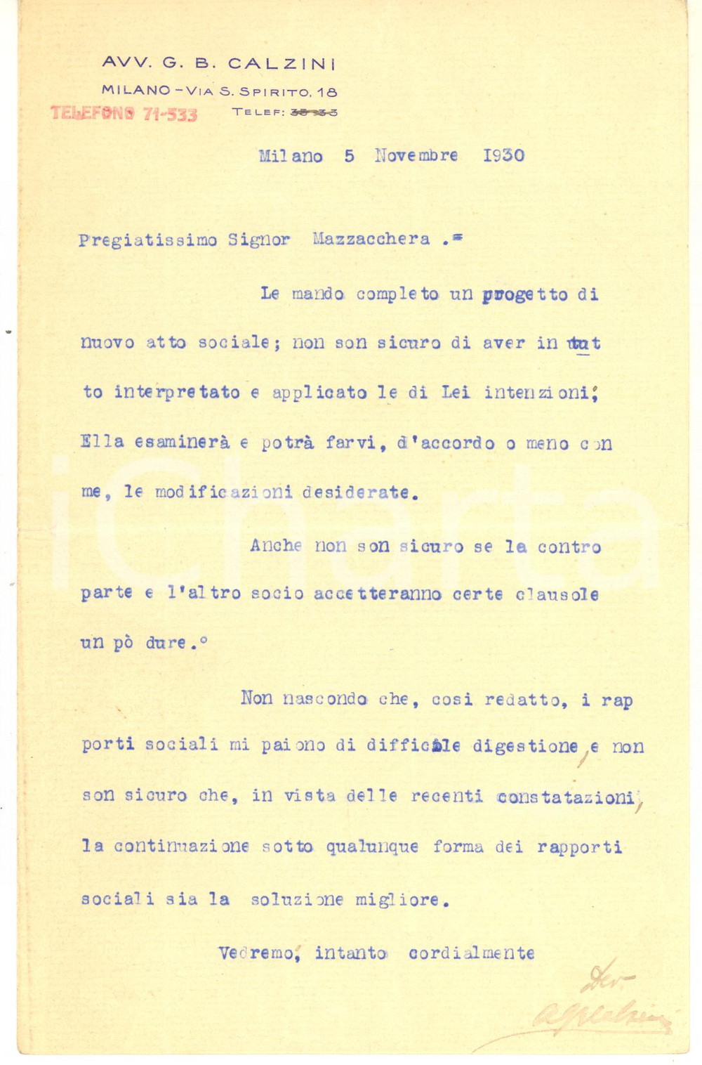 Manoscritto, lettera originale 1930 MILANO Avv. Giovanni Battista CALZINI  Lettera per atto sociale Autografo 1