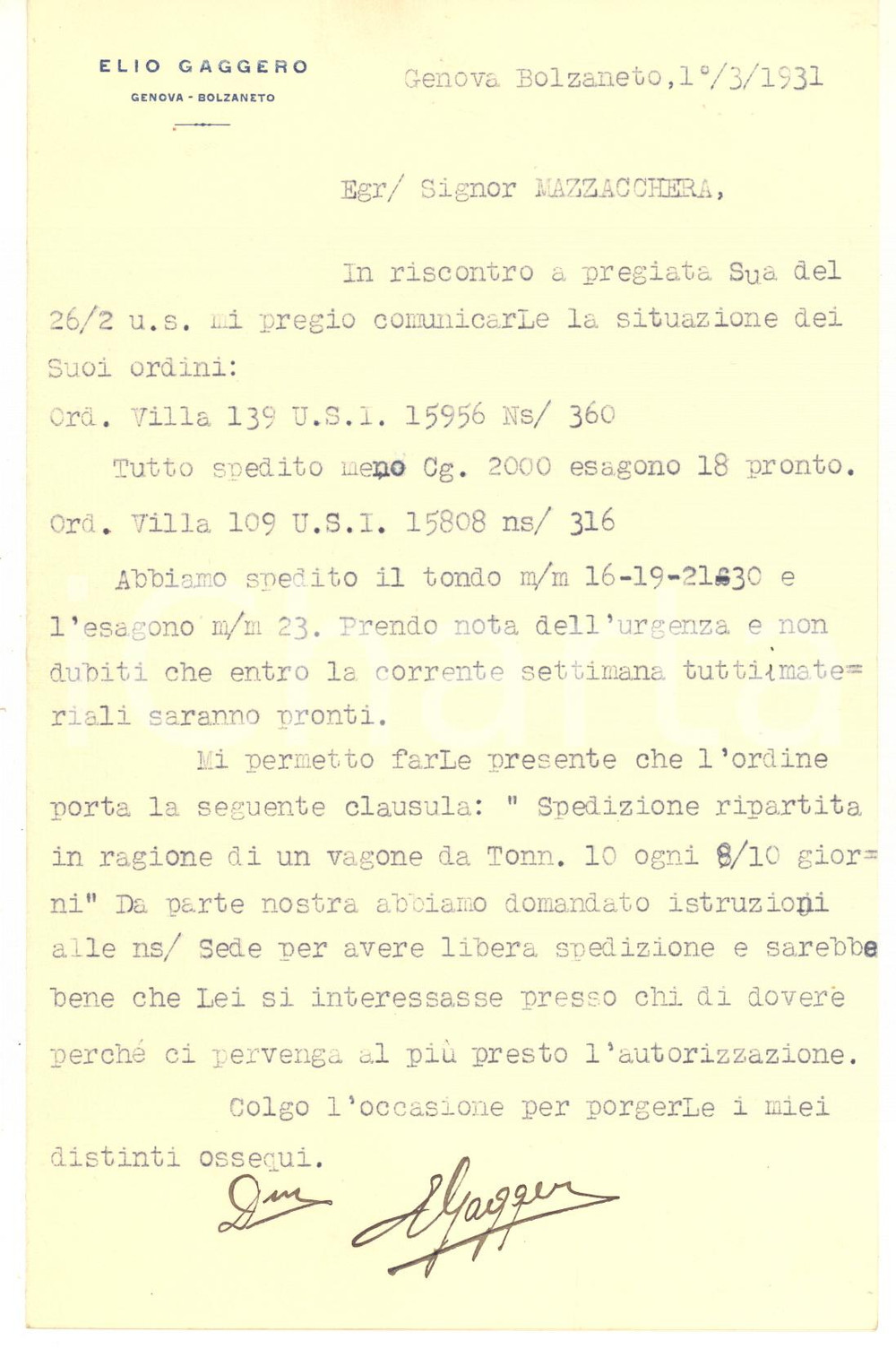 Manoscritto, lettera originale 1931 GENOVA BOLZANETO Lettera Elio GAGGERO per invio merce Autografo 1