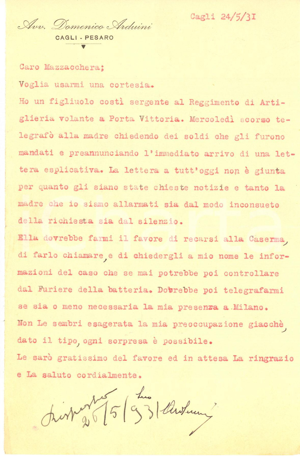 Manoscritto, lettera originale 1931 CAGLI PU Lettera avv. Domenico ARDUINI per il figlio sergente Autografo 1