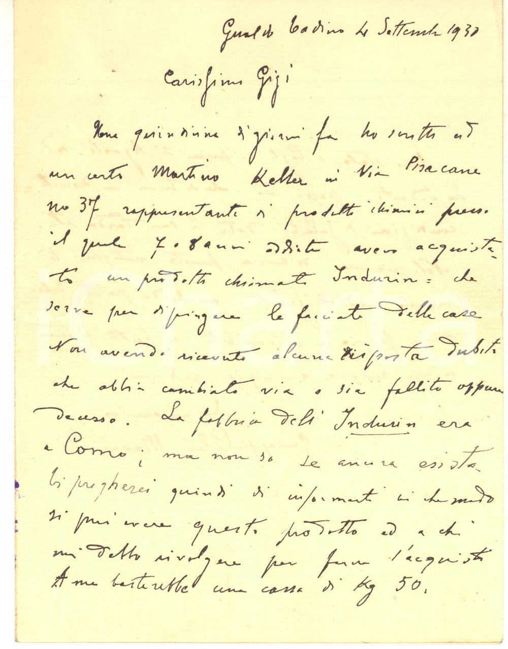 Autografo originale 1930 GUALDO TADINO Giuseppe CALAI MAVARELLI per acquisto INDURIN Autografo 1