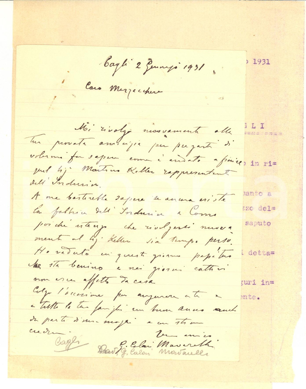 Autografo originale 1931 CAGLI PU Lettera Giuseppe CALAI MAVARELLI per acquisto INDURIN Autografo 1