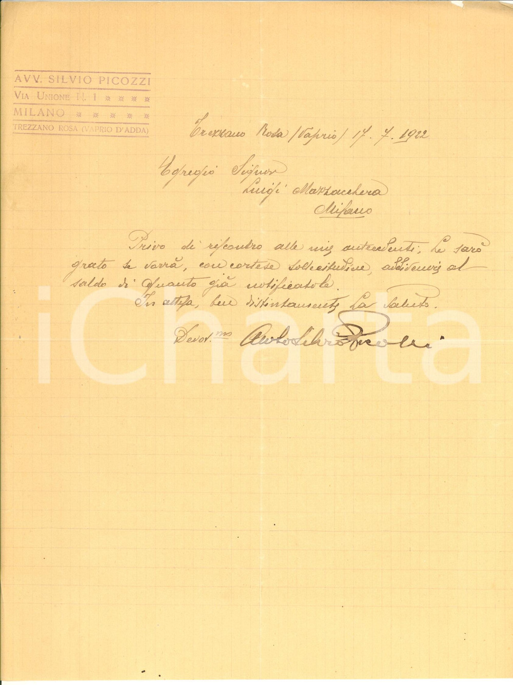 Documento originale, autentico 1922 TREZZANO ROSA MI Lettera avv. Silvio PICOZZI per saldo  Autografo 1