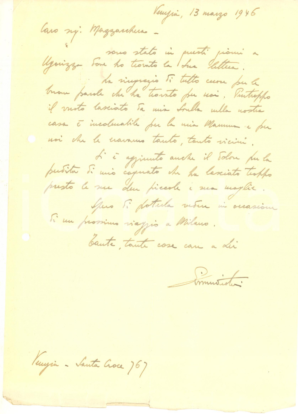 Autografo originale 1946 VENEZIA Lettera ing. Emilio RIMEDIOTTI in lutto  Autografo 1