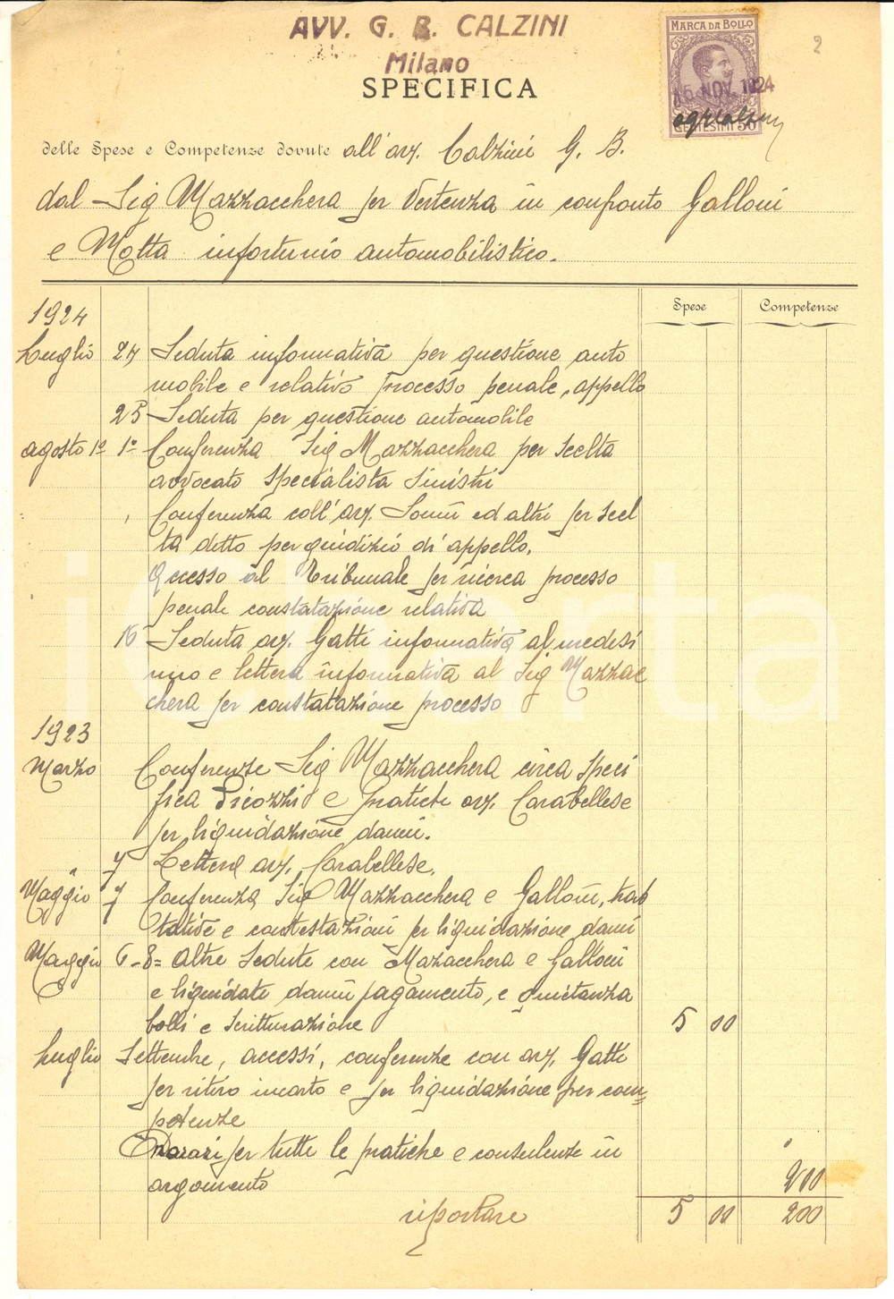 Documento originale, autentico 1924 MILANO Avv. Giovanni Battista CALZINI  Specifica manoscritta 1