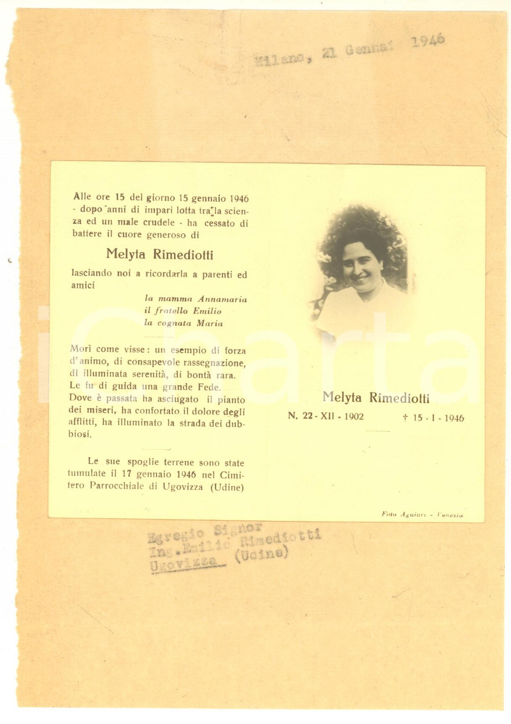 Oggetto da collezione cartaceo 1946 UGOVIZZA UD Melyta RIMEDIOTTI  Santino per lutto 1