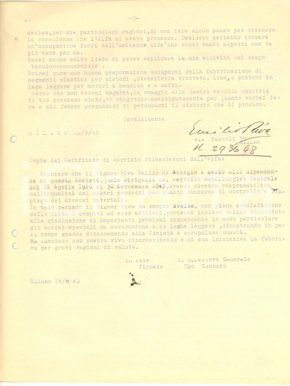 1945 MILANO Lettera Emilio RIVA - Curriculum - ALFA ROMEO *Autografo