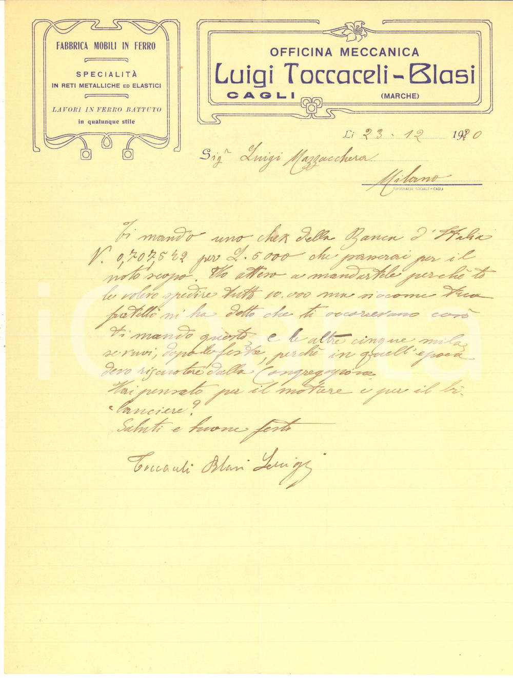 Documento originale, autentico 1920 CAGLI PU Officina Meccanica Luigi TOCCACELIBLASI  Lettera commerciale 1
