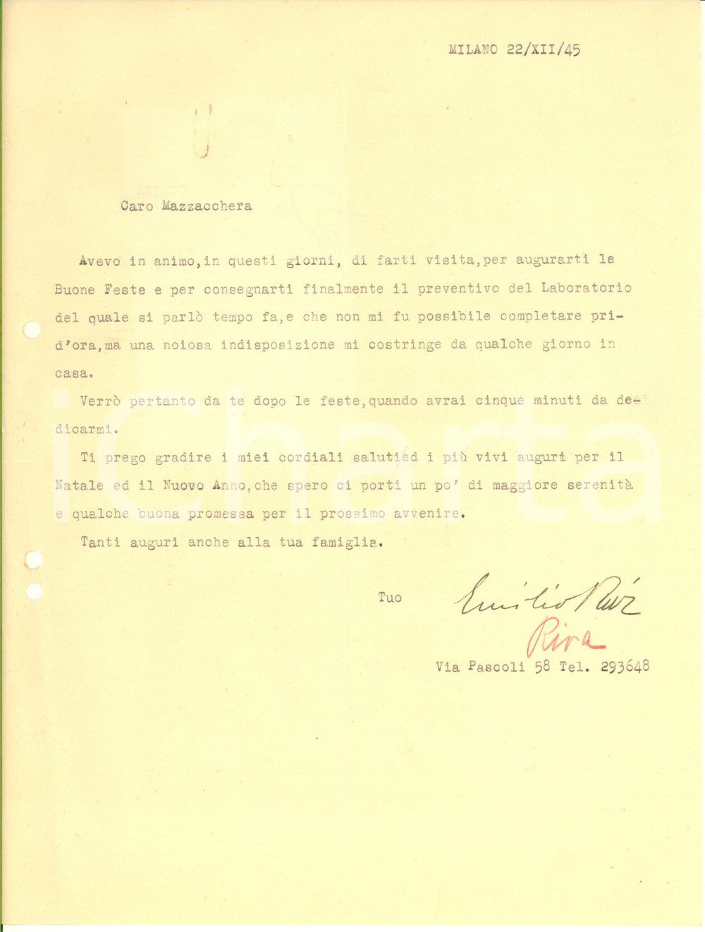 Autografo originale 1945 MILANO Lettera Emilio RIVA dirigente ALFA ROMEO  Autografo 1