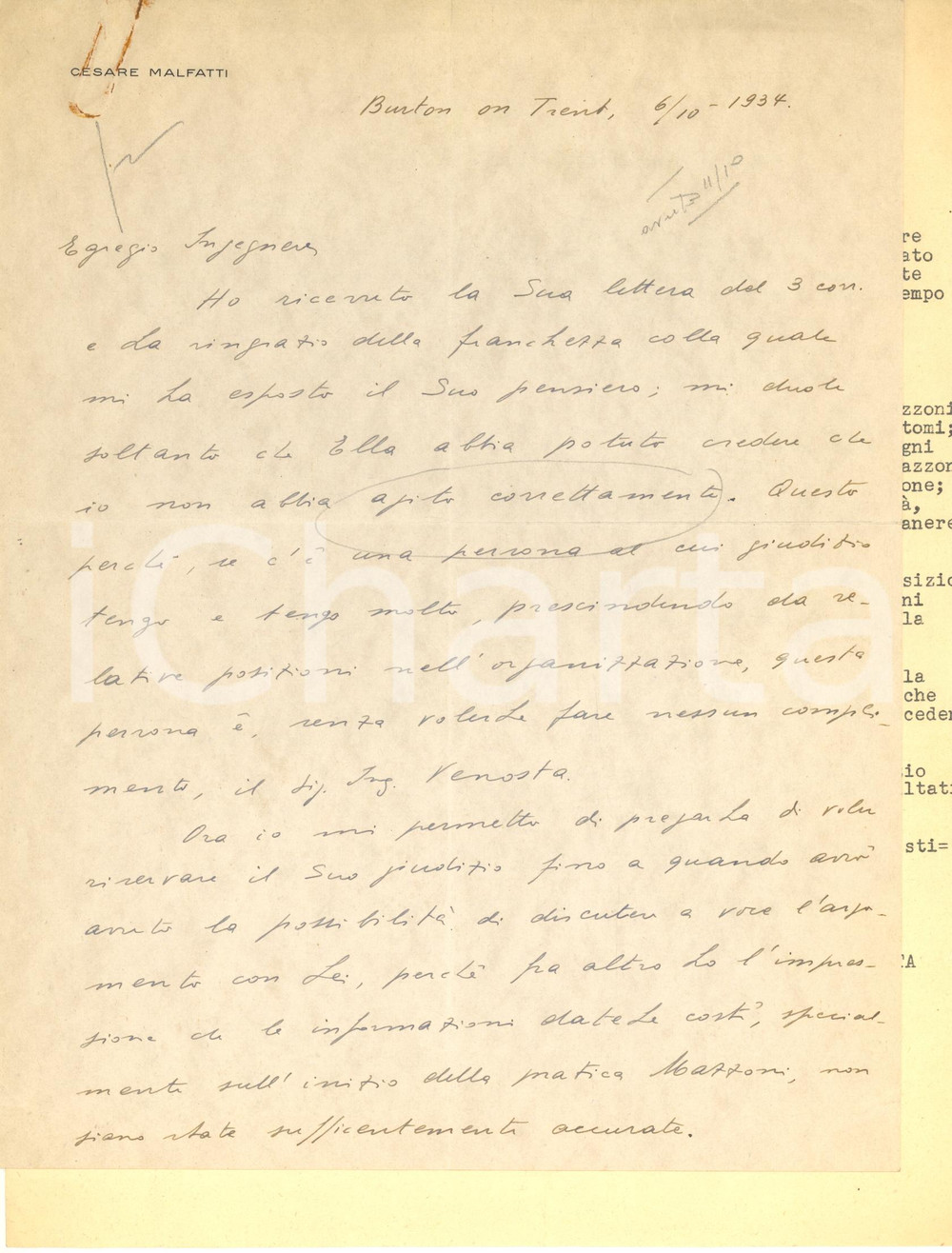 Autografo originale 1934 BURTONONTRENT Lettera ing. Cesare MALFATTI Direttore PIRELLI AUTOGRAFO 1