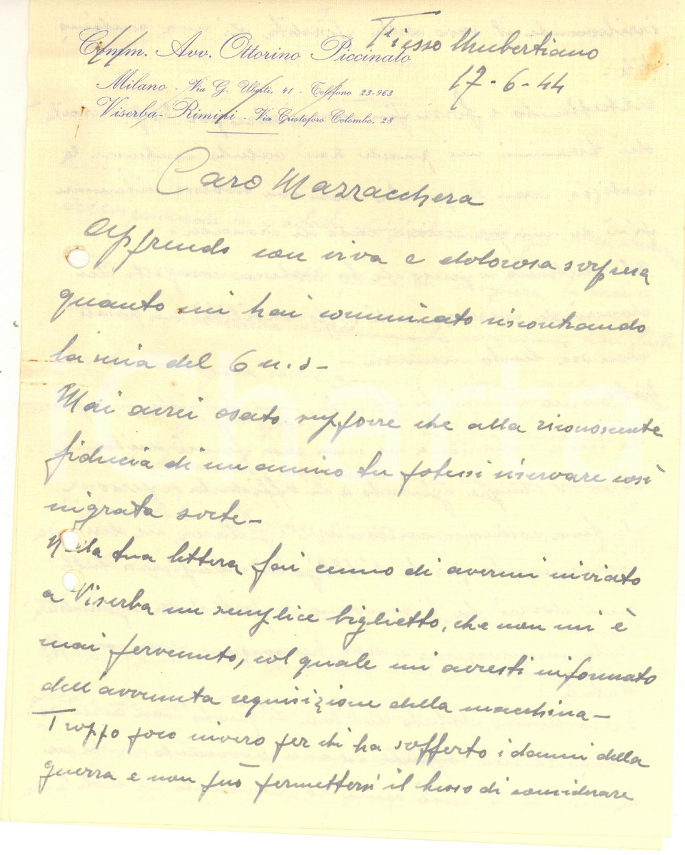 Autografo originale 1944 FIESSO UMBERTIANO Ottorino PICCINATO protesta per auto requisita Autografo 1
