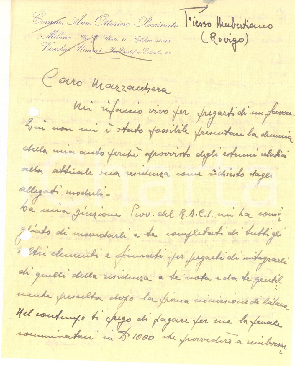 Autografo originale 1944 FIESSO UMBERTIANO Ottorino PICCINATO per denuncia auto  Autografo 1