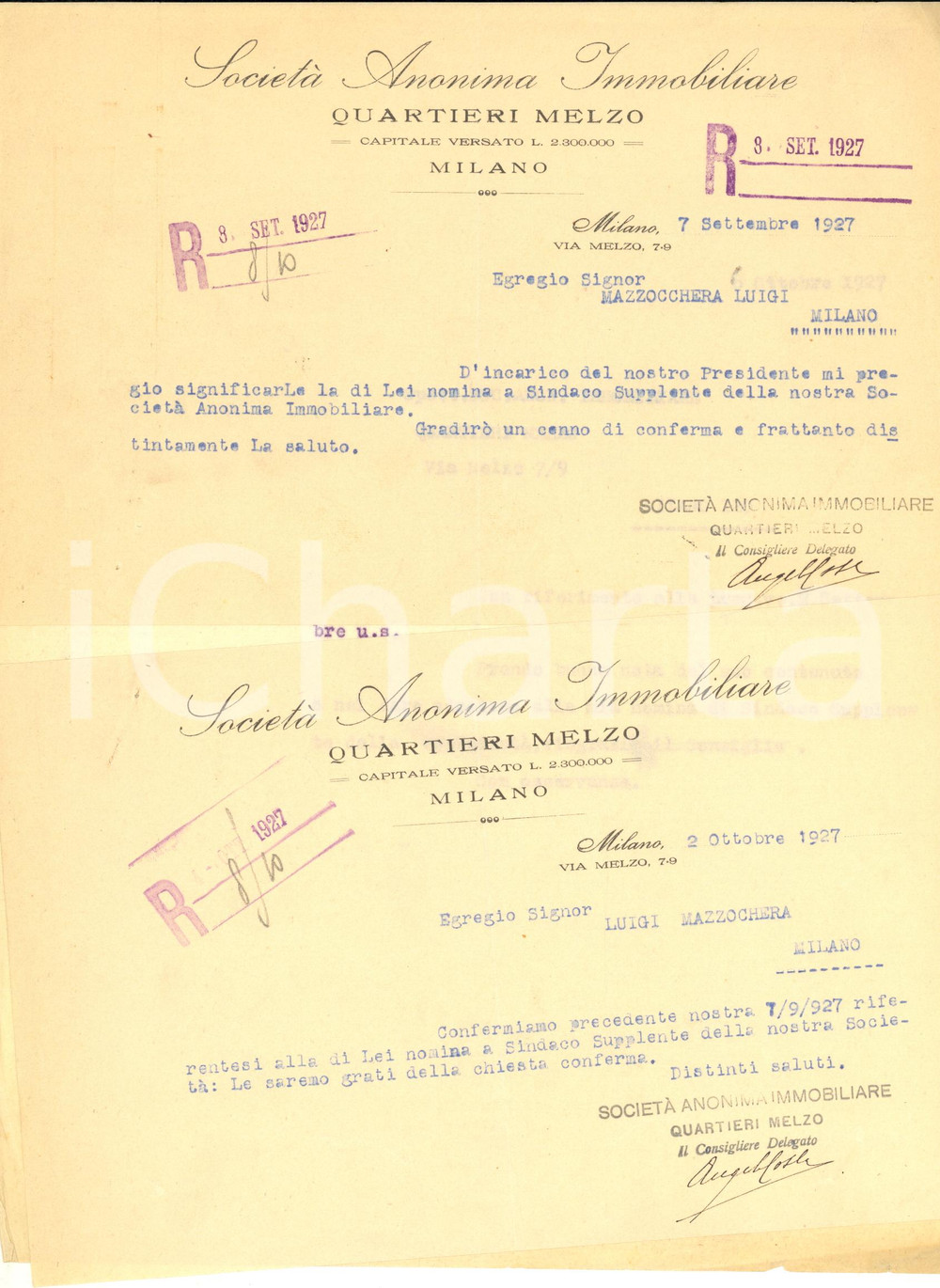 Documento originale, autentico 1927 MILANO Immobiliare QUARTIERI MELZO  Lettera nomina Sindaco SocietÃ  1
