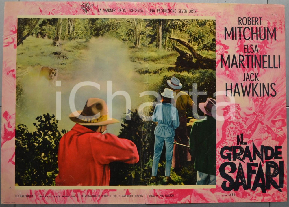 Materiale cinematografico d’epoca 1963 IL GRANDE SAFARI Robert MITCHUM Elsa MARTINELLI Fotobusta 66x46 cm 1