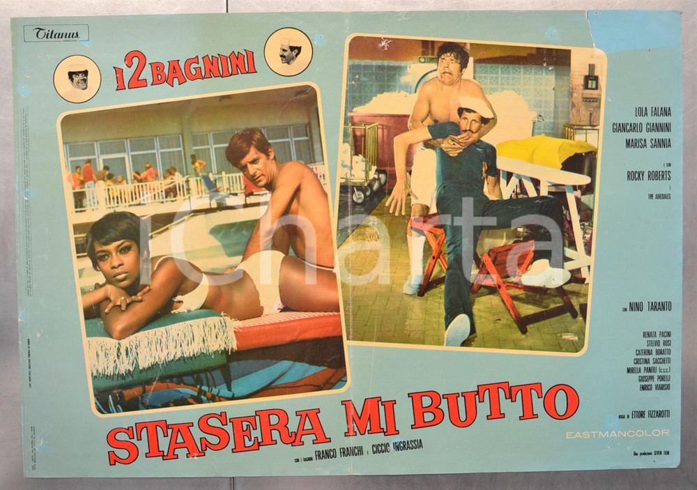 Materiale cinematografico d’epoca 1967 STASERA MI BUTTO  FRANCO E CICCIO Lola FALANA Fotobusta DANNEGGIATA 66x46 1