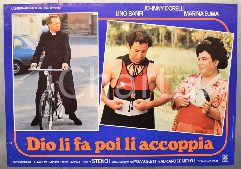 Materiale cinematografico d’epoca 1982 DIO LI FA POI LI ACCOPPIA Johnny DORELLI Lino BANFI  STENO Fotobusta 66x46 1