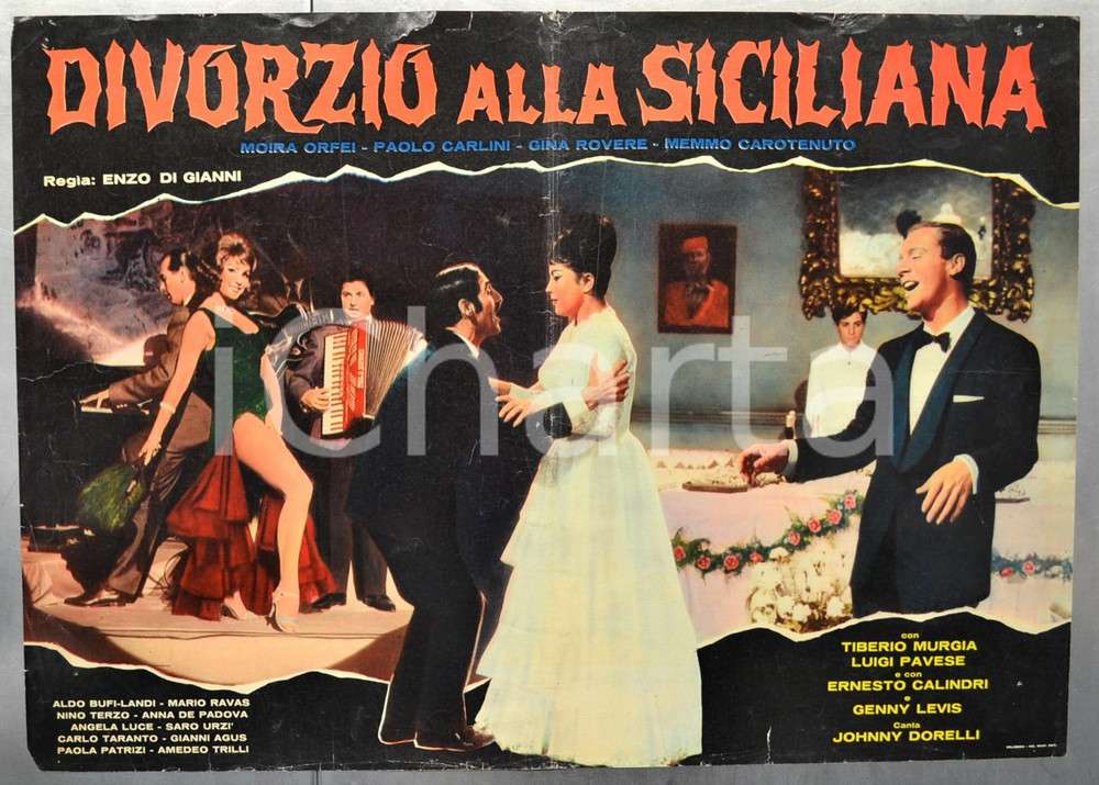 Materiale cinematografico d’epoca 1963 DIVORZIO ALLA SICILIANA Moira ORFEI Johnny DORELLI Fotobusta 66x46 cm 1
