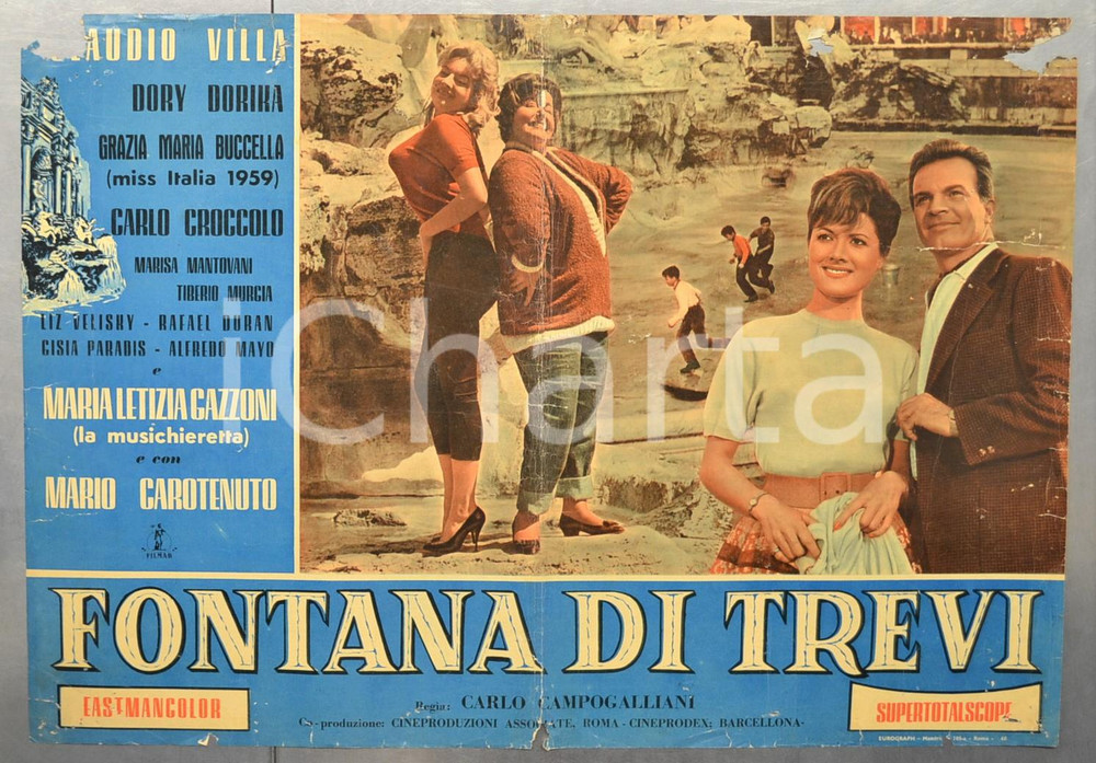 Materiale cinematografico d’epoca 1960 FONTANA DI TREVI Grazie Maria BUCCELLA Fotobusta DANNEGGIATA 66x46 cm 1 1
