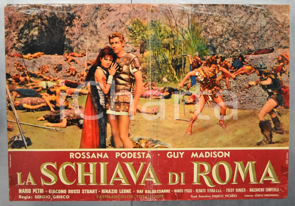 Materiale cinematografico d’epoca 1961 LA SCHIAVA DI ROMA Rossana PODESTÃ€ Guy MADISON Fotobusta DANNEGGIATA 66x46 1