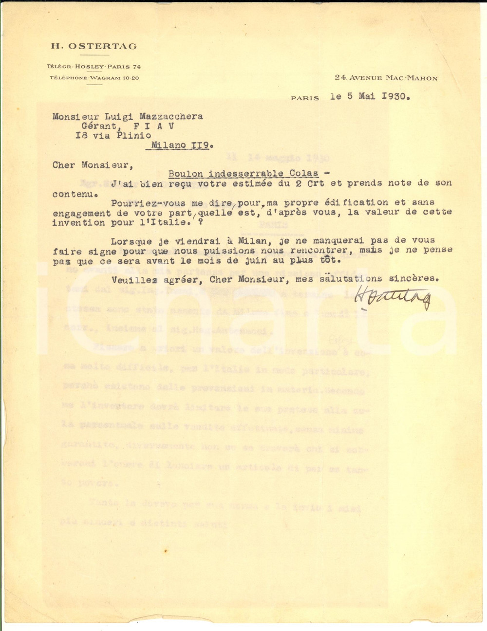 Autografo originale 1930 PARIS Lettre H. OSTERTAG  Boulon indesserrable COLAS Autographe 1