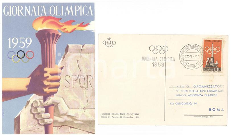Cartolina originale da collezione 1959 C.O.N.I. ROMA GIORNATA OLIMPICA Cartolina con timbro FDC  Ill. GREGORI FG 1