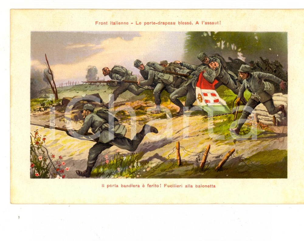 Cartolina originale da collezione 1915 ca WW1 FRONTE ITALIANO Il portabandiera Ã¨ ferito Cartolina postale FP NV 1