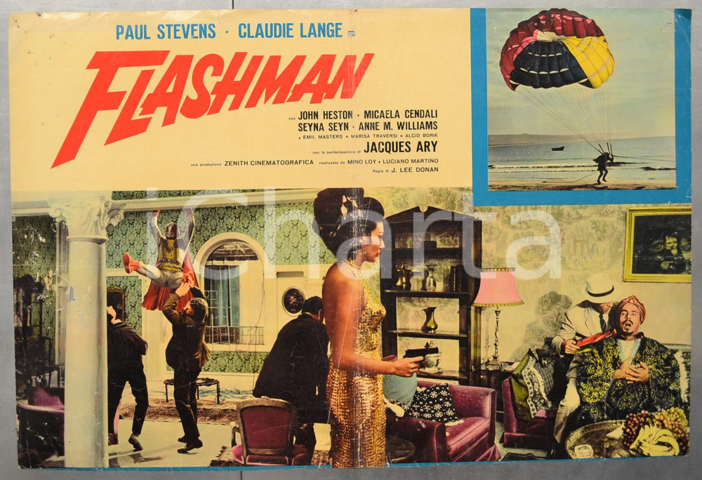 Materiale cinematografico d’epoca 1967 FLASHMAN Paul STEVENS Claudie LANGE Fotobusta DANNEGGIATA 66x46 cm 1