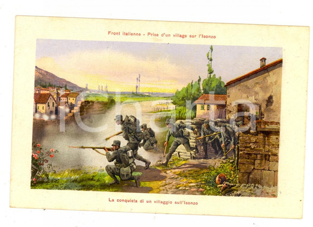 Cartolina originale da collezione 1915 ca WW1 FRONTE ITALIANO Conquista di un villaggio sull Isonzo Cartolina FP 1