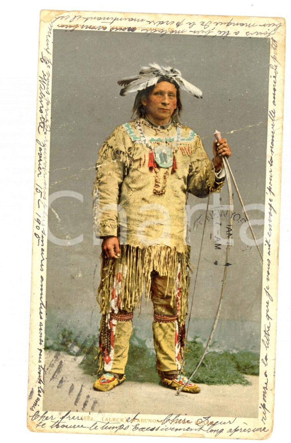 Cartolina originale da collezione 1905 CLADSTONE Aleck WABUNOSA  OJIBWA Brave Indian Vintage postcard DAMAGED 1