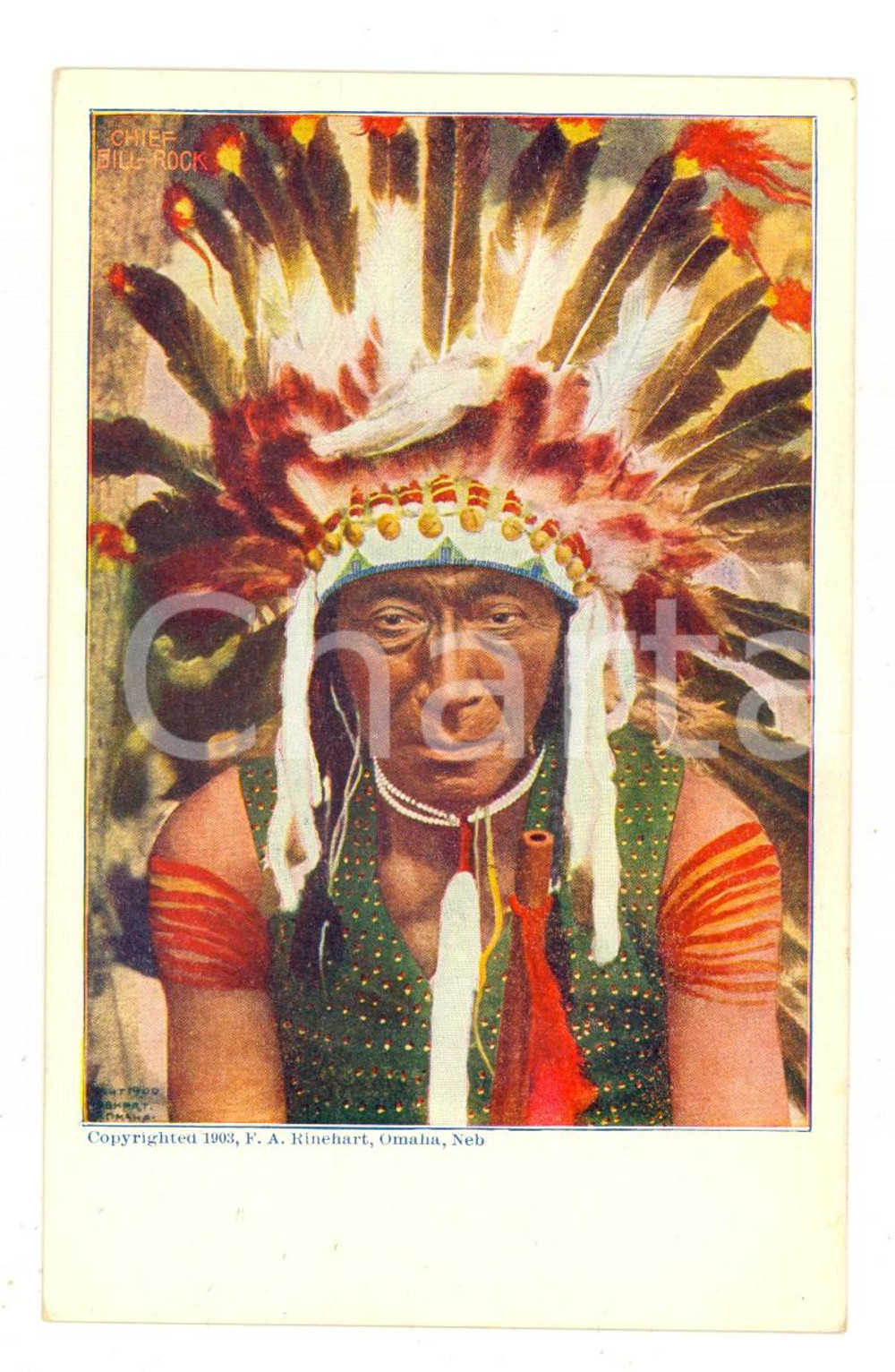 Cartolina originale da collezione 1903 OMAHA NATIVE AMERICAN Indian Chief  BILLROCK Postcard F.A. RINEHART RARE 1