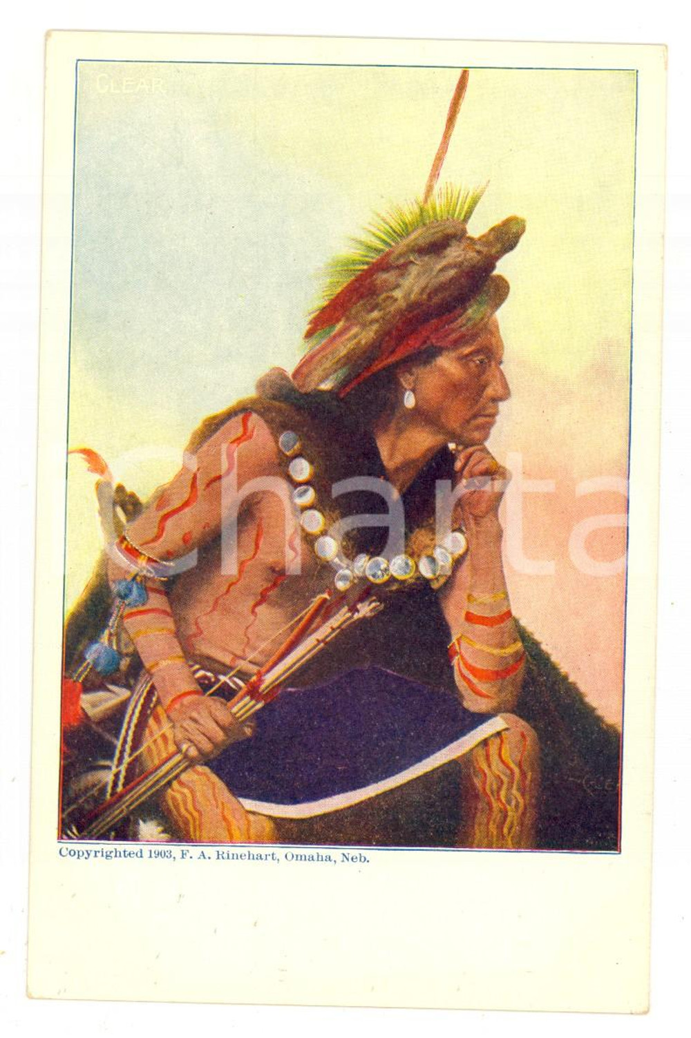 Cartolina originale da collezione 1903 OMAHA NATIVE AMERICAN Indian Chief CLEAR Postcard F.A. RINEHART RARE 1