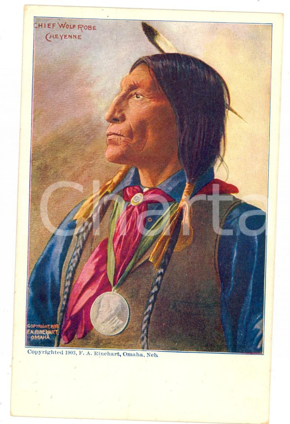 Cartolina originale da collezione 1903 OMAHA NATIVE AMERICAN Chief WOLF ROBE CHEYENNE Postcard F.A. RINEHART RARE 1