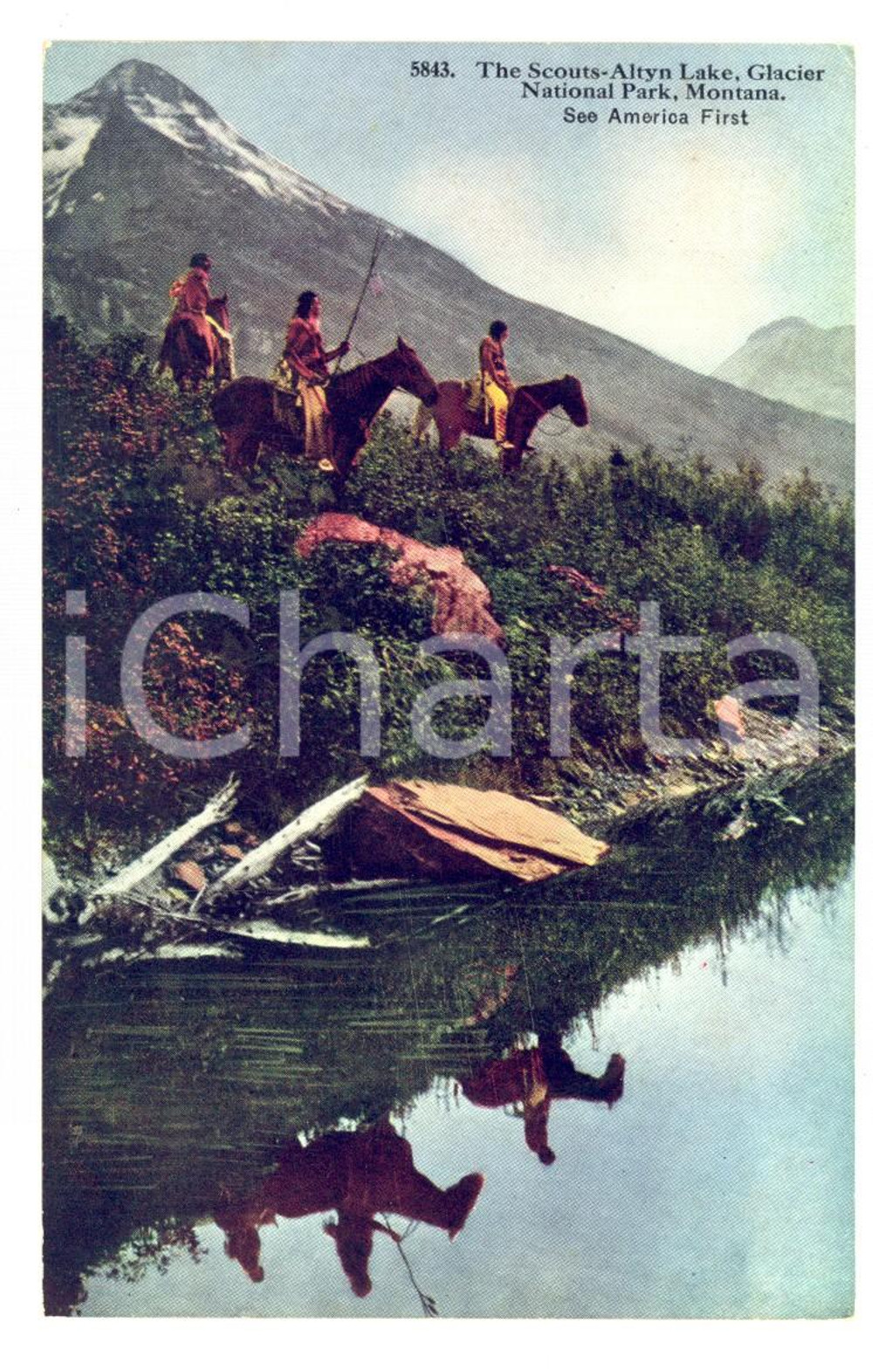 Cartolina originale da collezione 1910 ca USA NATIVE AMERICANS ScoutsAltyn Lake, Glacier National Park Postcard 1
