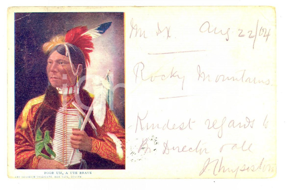 Cartolina originale da collezione 1904 NATIVE AMERICANS Poor Um, a Ute brave Postcard DAMAGED RARE 1