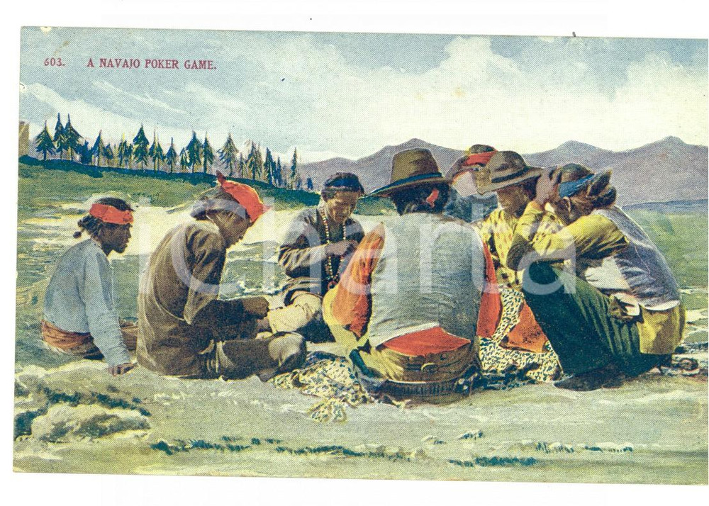 Cartolina originale da collezione 1910 ca NATIVE AMERICANS A Navajo poker game Postcard TAMMEN RARE FP NV 1