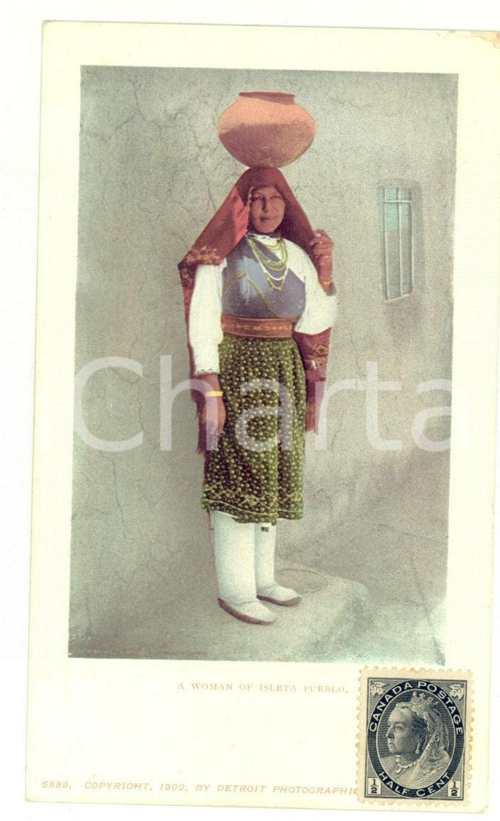 Cartolina originale da collezione 1902 NATIVE AMERICAN Woman of ISLETA PUEBLO Postcard RARE VINTAGE FP NV 1